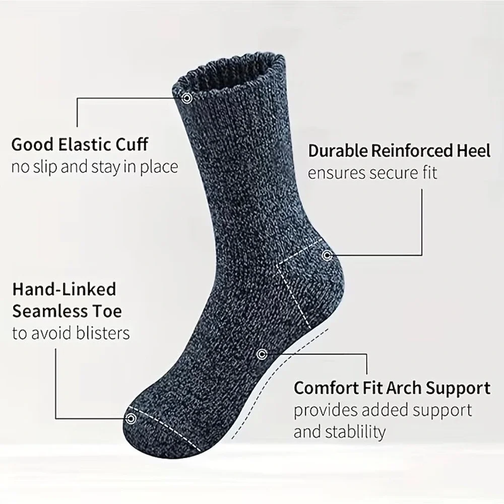 Unisex Merino Wool Thermal Mid-Calf Hiking Socks Winter 7-12 Multiple Colors 5pk